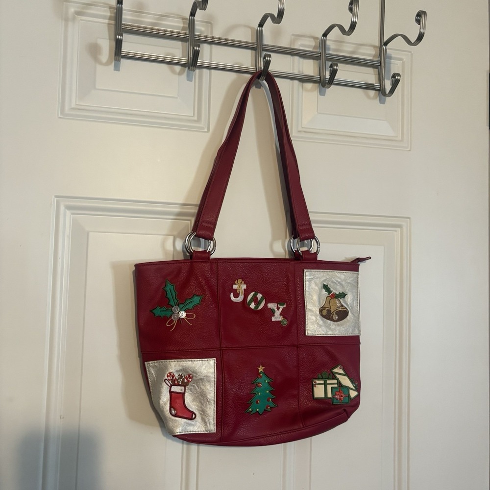 Rosetti Red Christmas Shoulder Bag Medium Tote "Joy" Version, Silver Hardware